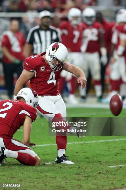 Phil Dawson of the Arizona Cardinals kicks during the game against the Los Angeles Rams at University of Phoenix Stadium on December 3, 2017 in...