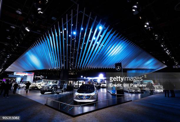 The Mercedes exhibit is shown at the 2018 North American International Auto Show January 15, 2018 in Detroit, Michigan. More than 5,100 journalists...
