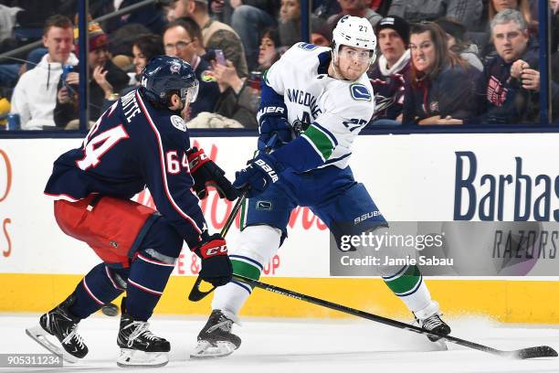Ben Hutton of the Vancouver Canucks skates against the Columbus Blue Jackets on January 12, 2018 at Nationwide Arena in Columbus, Ohio.