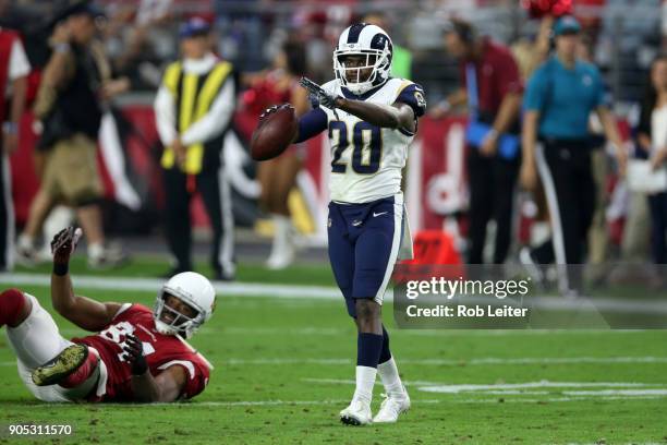 Lamarcus Joyner of the Los Angeles Rams celebrates during the game against the Arizona Cardinals at University of Phoenix Stadium on December 3, 2017...