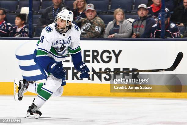 Christopher Tanev of the Vancouver Canucks skates against the Columbus Blue Jackets on January 12, 2018 at Nationwide Arena in Columbus, Ohio.