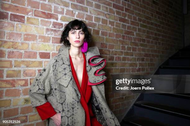 Model poses ahead of the Dawid Tomaszewski show during the MBFW January 2018 at ewerk on January 15, 2018 in Berlin, Germany.