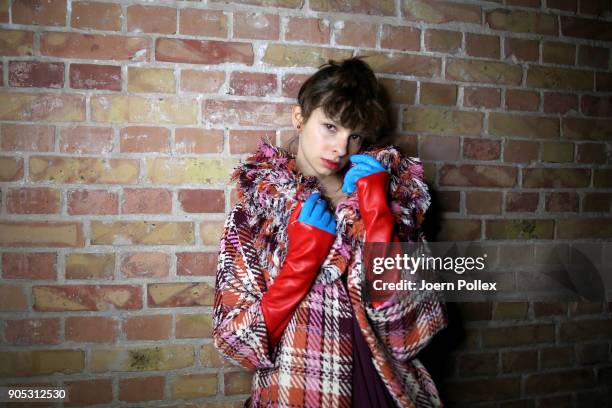 Model poses ahead of the Dawid Tomaszewski show during the MBFW January 2018 at ewerk on January 15, 2018 in Berlin, Germany.