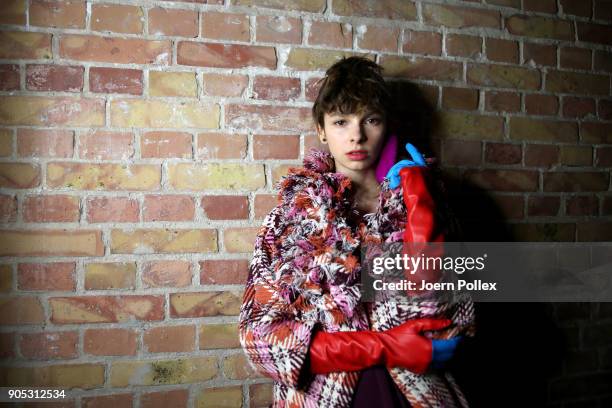 Model poses ahead of the Dawid Tomaszewski show during the MBFW January 2018 at ewerk on January 15, 2018 in Berlin, Germany.