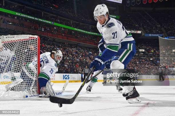 Ben Hutton of the Vancouver Canucks skates against the Columbus Blue Jackets on January 12, 2018 at Nationwide Arena in Columbus, Ohio.