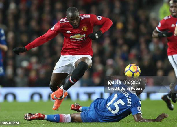 Romelu Lukaku of Manchester United in action with Bruno Martins Indi of Stoke City during the Premier League match between Manchester United and...