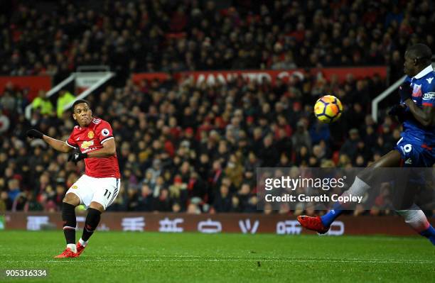 Anthony Martial of Manchester United scores his sides second goal during the Premier League match between Manchester United and Stoke City at Old...