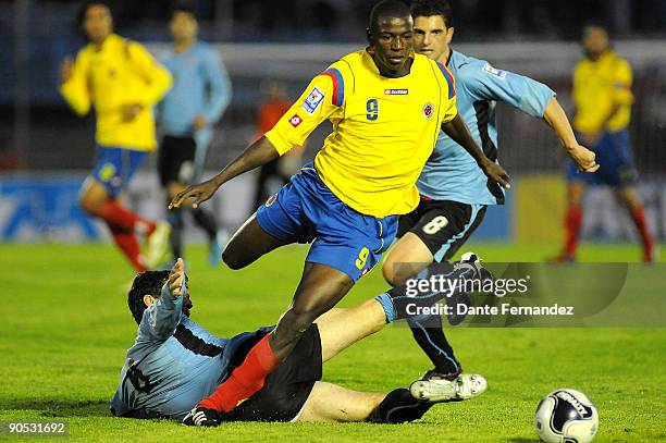 Colombia's Adrian Ramos vies for the ball with Bruno Silva of Uruguay during their 2010 FIFA World Cup qualifier at the Centenario Stadium on...