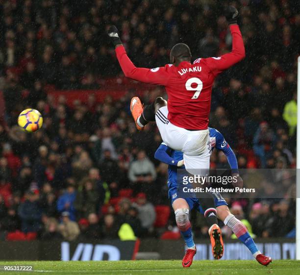 Romelu Lukaku of Manchester United in action with Josh Tymon of Stoke City during the Premier League match between Manchester United and Stoke City...