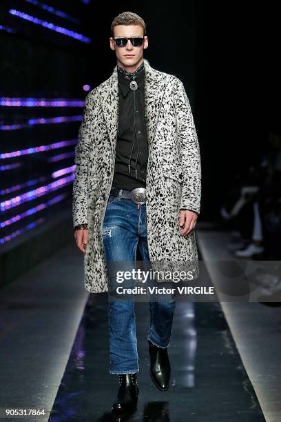 Model walks the runway at the Dsquared2 show during Milan Men's Fashion Week Fall/Winter 2018/19 on January 14, 2018 in Milan, Italy.