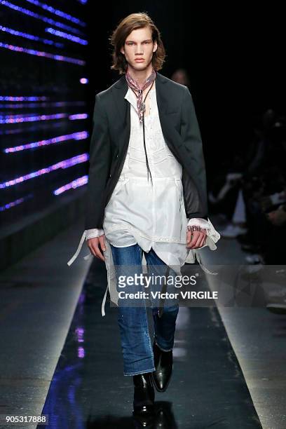 Model walks the runway at the Dsquared2 show during Milan Men's Fashion Week Fall/Winter 2018/19 on January 14, 2018 in Milan, Italy.