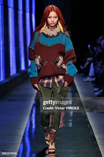 Model walks the runway at the Dsquared2 show during Milan Men's Fashion Week Fall/Winter 2018/19 on January 14, 2018 in Milan, Italy.