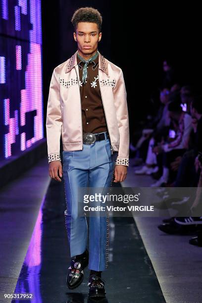Model walks the runway at the Dsquared2 show during Milan Men's Fashion Week Fall/Winter 2018/19 on January 14, 2018 in Milan, Italy.