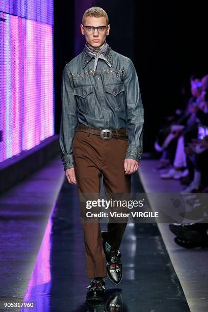 Model walks the runway at the Dsquared2 show during Milan Men's Fashion Week Fall/Winter 2018/19 on January 14, 2018 in Milan, Italy.