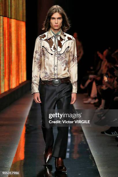 Model walks the runway at the Dsquared2 show during Milan Men's Fashion Week Fall/Winter 2018/19 on January 14, 2018 in Milan, Italy.