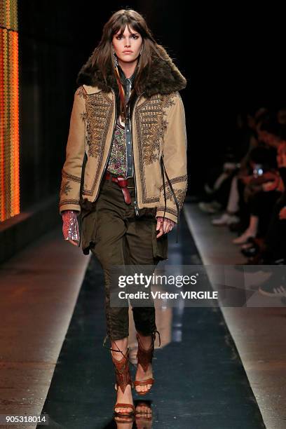 Model walks the runway at the Dsquared2 show during Milan Men's Fashion Week Fall/Winter 2018/19 on January 14, 2018 in Milan, Italy.