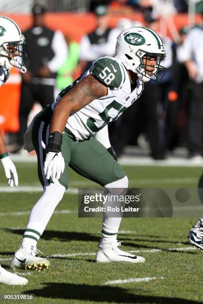 Darron Lee of the New York Jets in action during the game against the Denver Broncos at Sports Authority Field At Mile High on December 10, 2017 in...