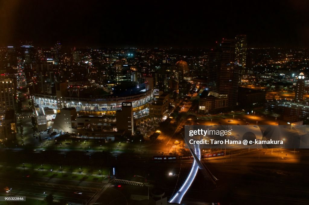 PETCO Park and center of San Diego city nighttime in California in USA