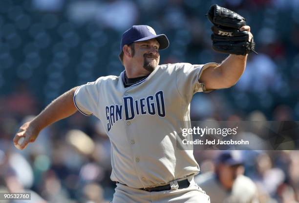 Heath Bell of the San Diego Padres pitches against the San Francisco Giants during a Major League Baseball game at AT&T Park on September 9, 2009 in...