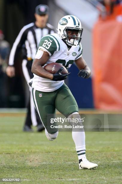 Bilal Powell of the New York Jets in action during the game against the Denver Broncos at Sports Authority Field At Mile High on December 10, 2017 in...