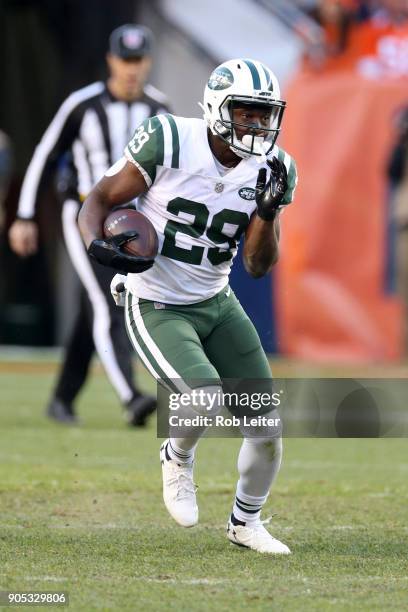 Bilal Powell of the New York Jets in action during the game against the Denver Broncos at Sports Authority Field At Mile High on December 10, 2017 in...