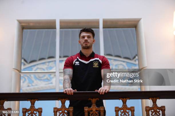 Oliver Gildart of Wigan Warriors poses for a portrait during the Wigan Warriors Media Day at Haigh Hall Hotel on January 15, 2018 in Wigan, England.