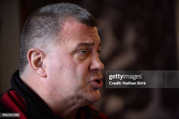 Shaun Wane Head Coach of Wigan Warriors talks to the press during the Wigan Warriors Media Day at Haigh Hall Hotel on January 15, 2018 in Wigan,...