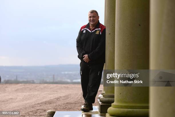 Shaun Wane Head Coach of Wigan Warriors poses for a portrait during the Wigan Warriors Media Day at Haigh Hall Hotel on January 15, 2018 in Wigan,...