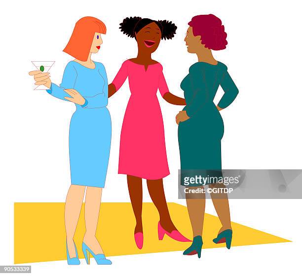 ilustrações de stock, clip art, desenhos animados e ícones de three women at cocktail party - three womans friends