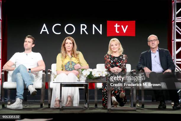 Actors Matthew Lewis, Phyllis Logan, and Miranda Richardson, and RLJ Entertainments Chief Content Officer for Acorn brands Mark Stevens of...