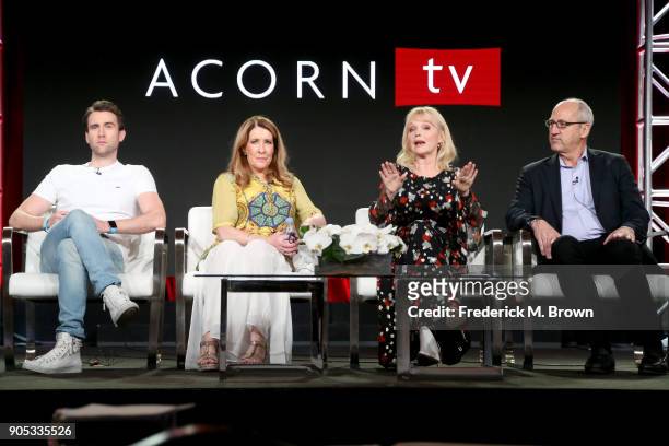 Actors Matthew Lewis, Phyllis Logan, and Miranda Richardson, and RLJ Entertainments Chief Content Officer for Acorn brands Mark Stevens of...