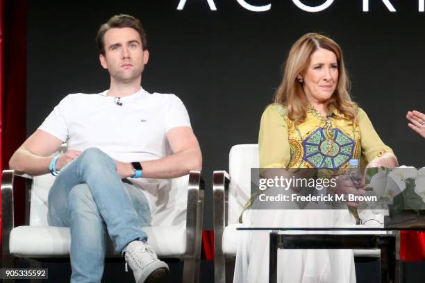 Actors Matthew Lewis and Phyllis Logan of 'Girlfriends' speak onstage during the Acorn TV portion of the 2018 Winter Television Critics Association...