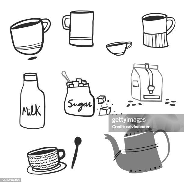 handgezeichnete kaffee objekte - afternoon tea stock-grafiken, -clipart, -cartoons und -symbole