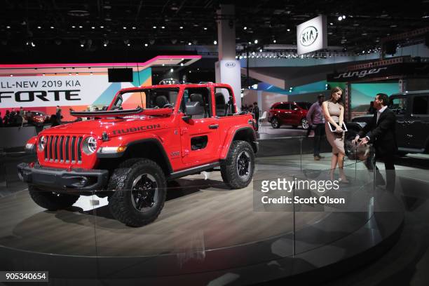 Fiat Chrysler Automobiles , shows off their Jeep Wrangler Rubicon at the North American International Auto Show on January 15, 2018 in Detroit,...