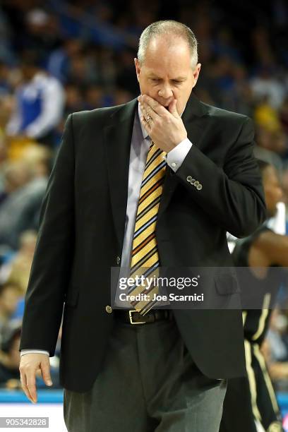 Head coach Tad Boyle of the Colorado Buffaloes reacts on the sideline in the first half of the Colorado v UCLA game at Pauley Pavilion on January 13,...