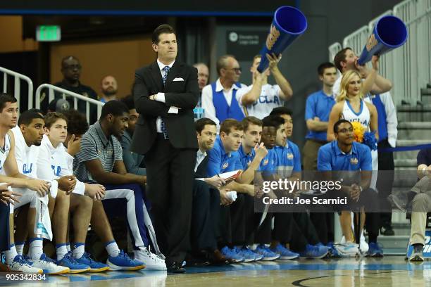 Head coach Steve Alford of the UCLA Bruins watches the game from the sideline during the Colorado v UCLA game at Pauley Pavilion on January 13, 2018...