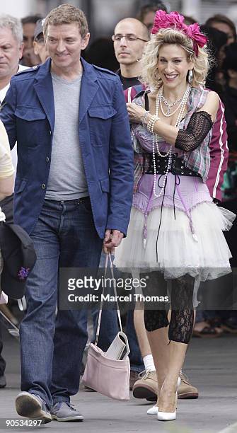 Michael Patrick King and Sarah Jessica Parker are seen on the set of ''Sex in the City2'' on location in Manhattan on September 9, 2009 in New York...