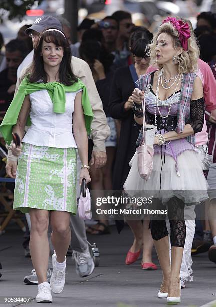 Sarah Jessica Parker and Kristin Davis are seen on the set of ''Sex in the City2'' on location in Manhattan on September 9, 2009 in New York City.