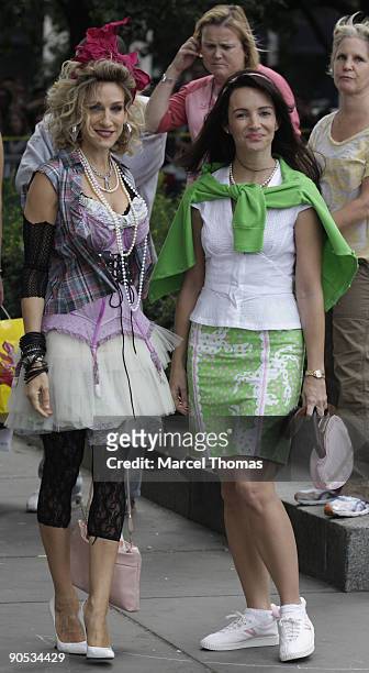 Sarah Jessica Parker and Kristin Davis are seen on the set of ''Sex in the City2'' on location in Manhattan on September 9, 2009 in New York City.