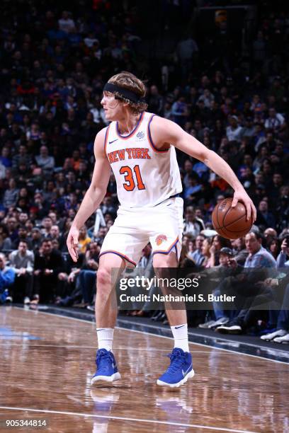 Ron Baker of the New York Knicks handles the ball against the Brooklyn Nets on January 15, 2018 at Barclays Center in Brooklyn, New York. NOTE TO...