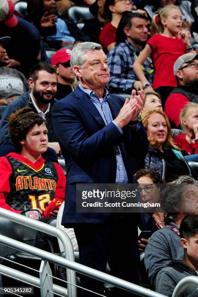 Antony Ressler owner of the Atlanta Hawks watches the game against the San Antonio Spurs on January 15, 2018 at Philips Arena in Atlanta, Georgia....