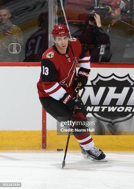 Freddie Hamilton of the Arizona Coyotes skates during warmups prior to a game against the Edmonton Oilers at Gila River Arena on January 12, 2018 in...