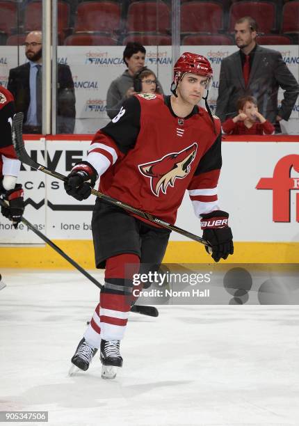 Freddie Hamilton of the Arizona Coyotes skates during warmups prior to a game against the Edmonton Oilers at Gila River Arena on January 12, 2018 in...