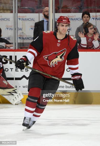 Freddie Hamilton of the Arizona Coyotes skates during warmups prior to a game against the Edmonton Oilers at Gila River Arena on January 12, 2018 in...