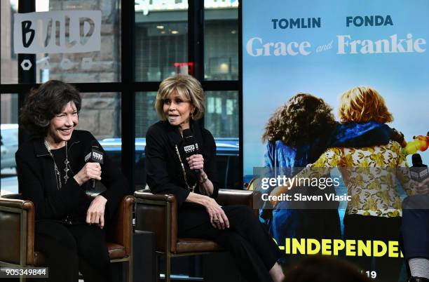 Actresses Lily Tomlin and Jane Fonda visit Build Series to discuss Season 4 of Netflix's "Grace and Frankie" at Build Studio on January 15, 2018 in...