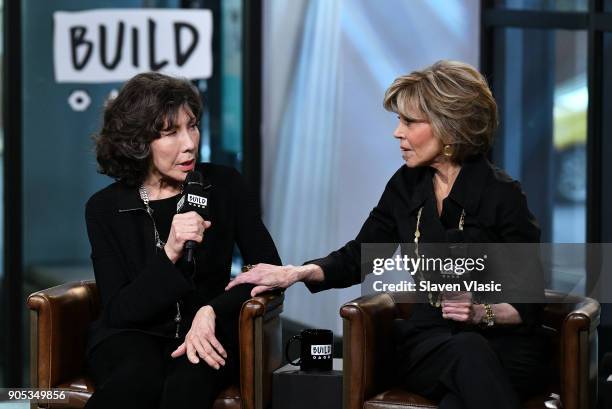 Actresses Lily Tomlin and Jane Fonda visit Build Series to discuss Season 4 of Netflix's "Grace and Frankie" at Build Studio on January 15, 2018 in...