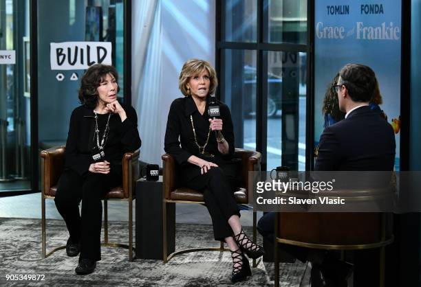 Actresses Lily Tomlin and Jane Fonda visit Build Series to discuss Season 4 of Netflix's "Grace and Frankie" at Build Studio on January 15, 2018 in...