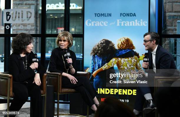 Actresses Lily Tomlin and Jane Fonda visit Build Series to discuss Season 4 of Netflix's "Grace and Frankie" at Build Studio on January 15, 2018 in...