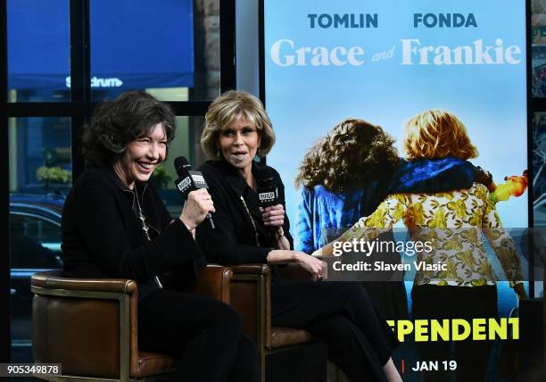 Actresses Lily Tomlin and Jane Fonda visit Build Series to discuss Season 4 of Netflix's "Grace and Frankie" at Build Studio on January 15, 2018 in...