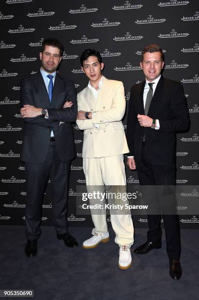 Jing Boran , Geoffroy Lefebvre and Pierre Millereau attend Jaeger-LeCoultre Polaris at Pavillon Sicli on January 15, 2018 in Les Acacias, Switzerland.